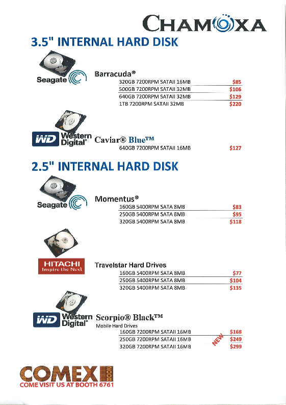 Comex 2008 price list image brochure of Chamoxa Seagate Western Digital Hitachi HDD
