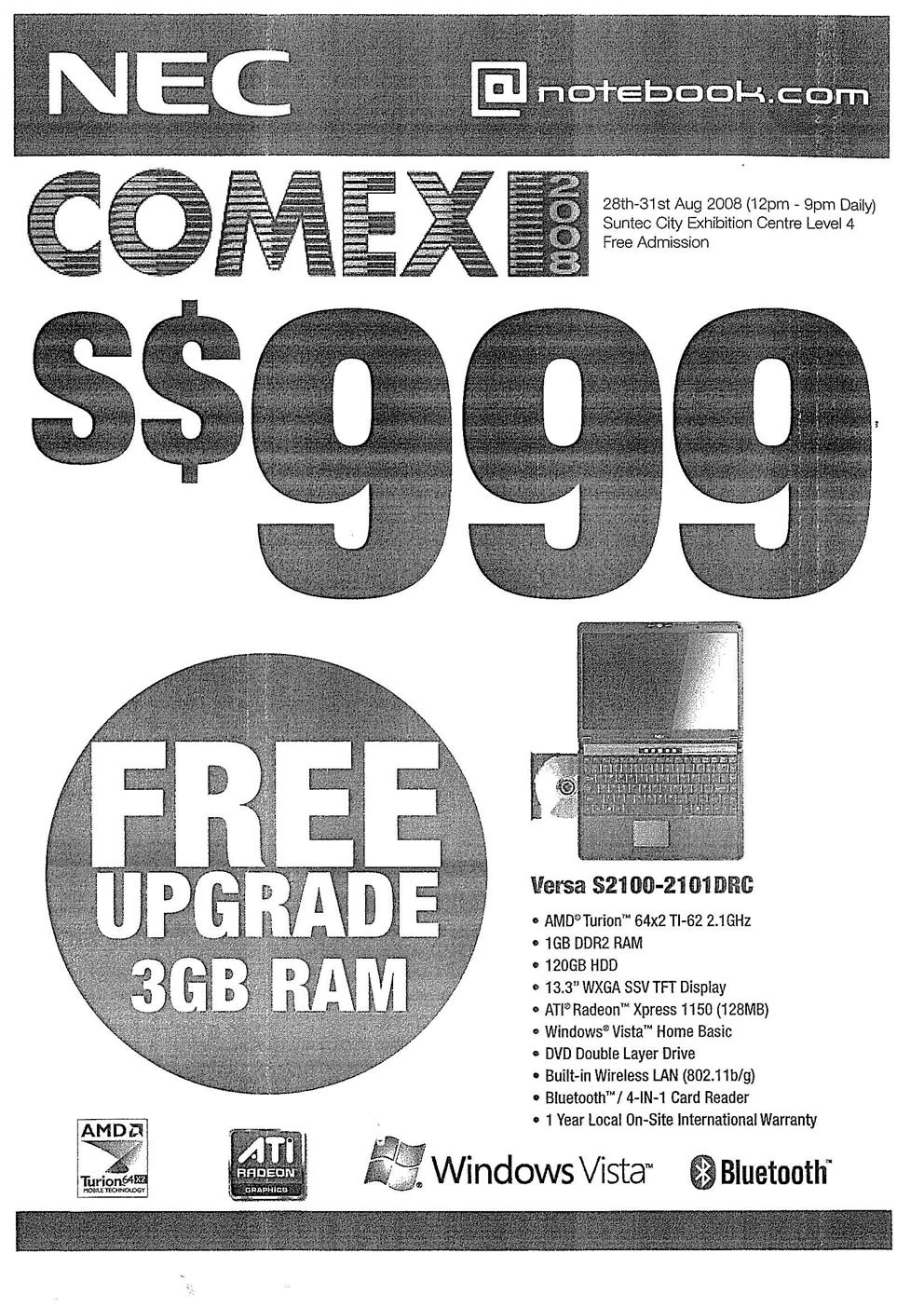 Comex 2008 price list image brochure of NEC Versa S2100 2101 DRC