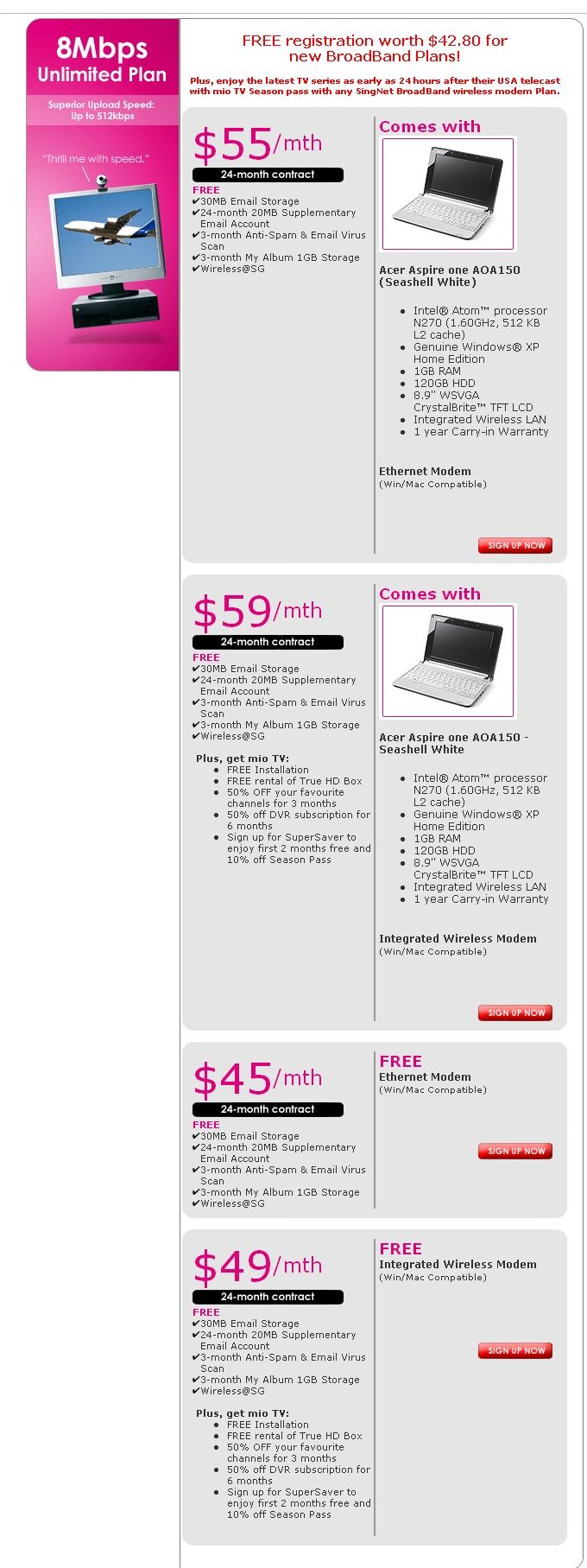 Comex 2008 price list image brochure of Singnet 8mbps