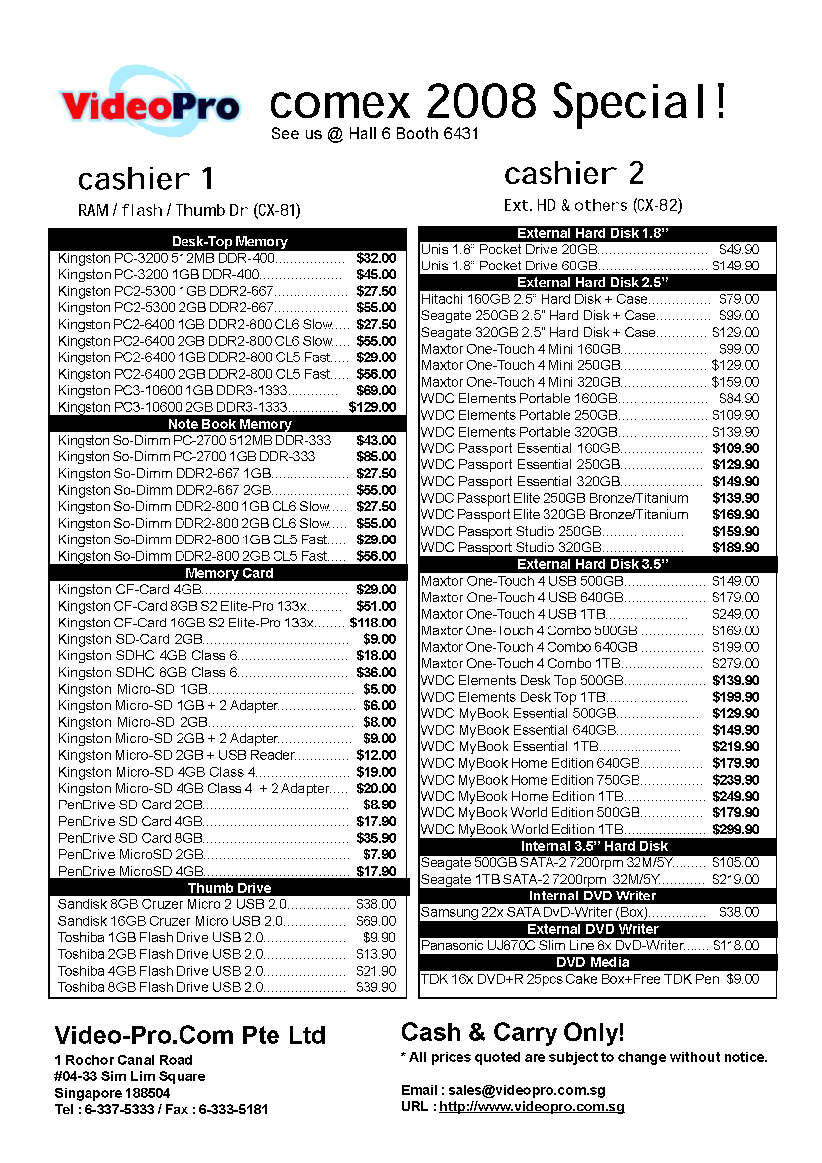 Comex 2008 price list image brochure of Videopro 2