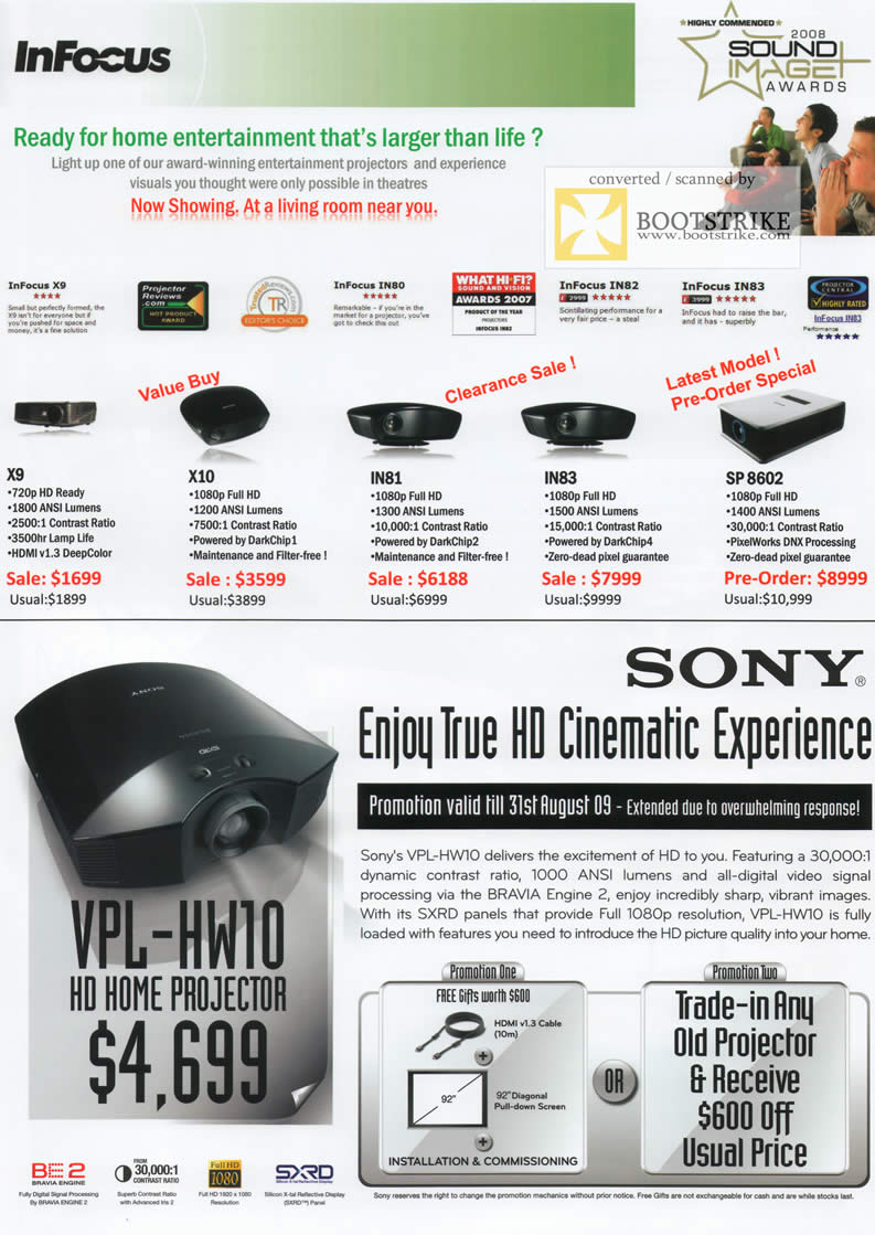 Comex 2009 price list image brochure of AV One InFocus Projectors X9 X10 IN81 IN83 SP8602 Sony VPL HW10
