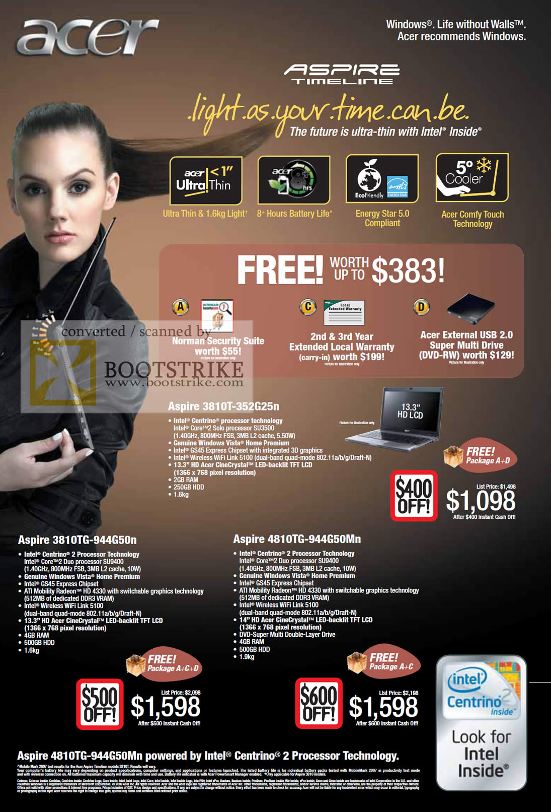 Comex 2009 price list image brochure of Acer Aspire Timeline Notebooks 3810TG 4810TG
