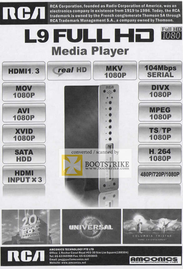 Comex 2009 price list image brochure of Amconics RCA L9 Media Player Real HD MKV MOV