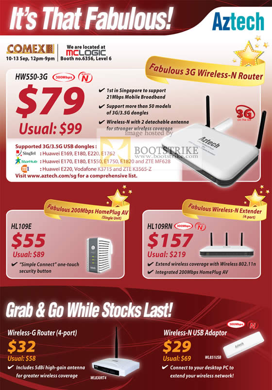 Comex 2009 price list image brochure of Aztech 3G Wireless N G Router HomePlug Extender USB Adaptor
