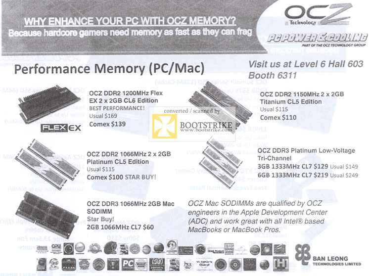 Comex 2009 price list image brochure of Ban Leong OCZ Performance Memory RAM DDR2 DDR3
