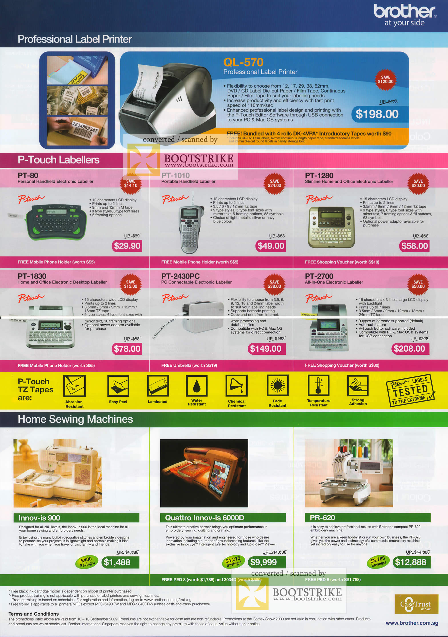 Comex 2009 price list image brochure of Brother Professional Label Printer P-Touch Labellers Home Sewing Machines