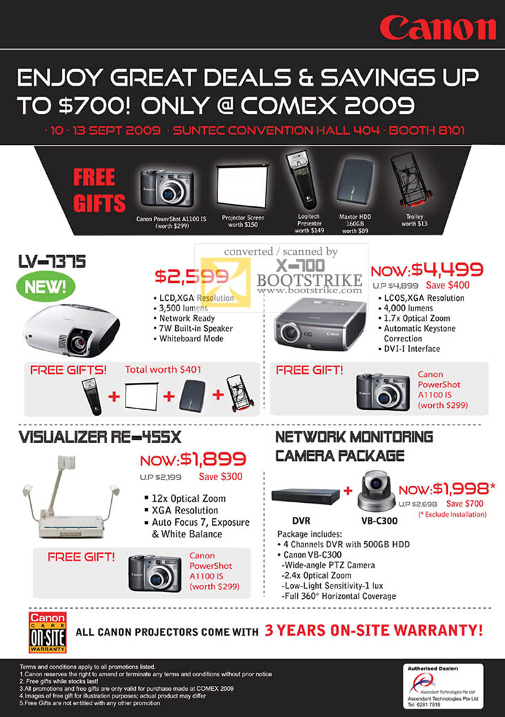 Comex 2009 price list image brochure of Canon Projector Visualizer Network Monitoring Camera LV-7375 X-700 RE-455X VB-C300