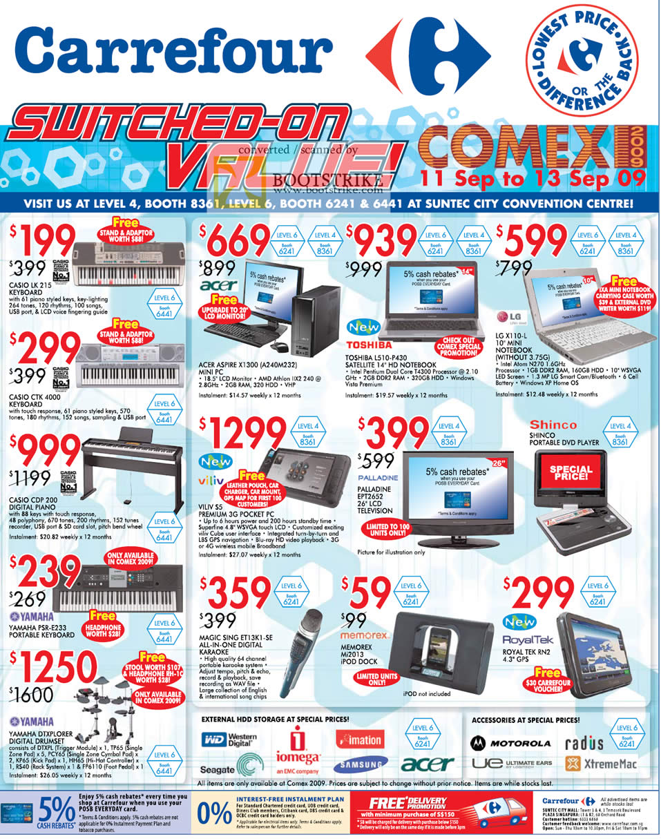 Comex 2009 price list image brochure of Carrefour Casio Keyboard Acer Toshiba LG Viliv Palladine Shinco Yamaha Memorex