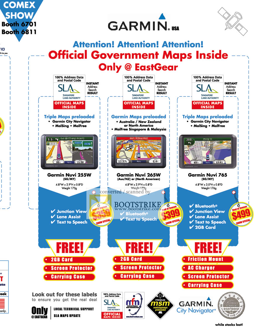 Comex 2009 price list image brochure of EastGear Garmin GPS Nuvi 255W 265W 765