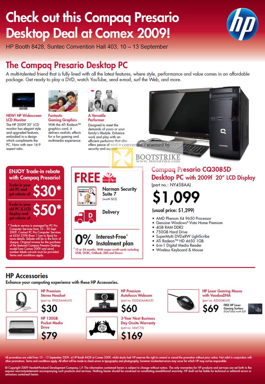 Comex 2009 price list image brochure of HP Compaq Presario Desktop PC CQ3085D Accessories
