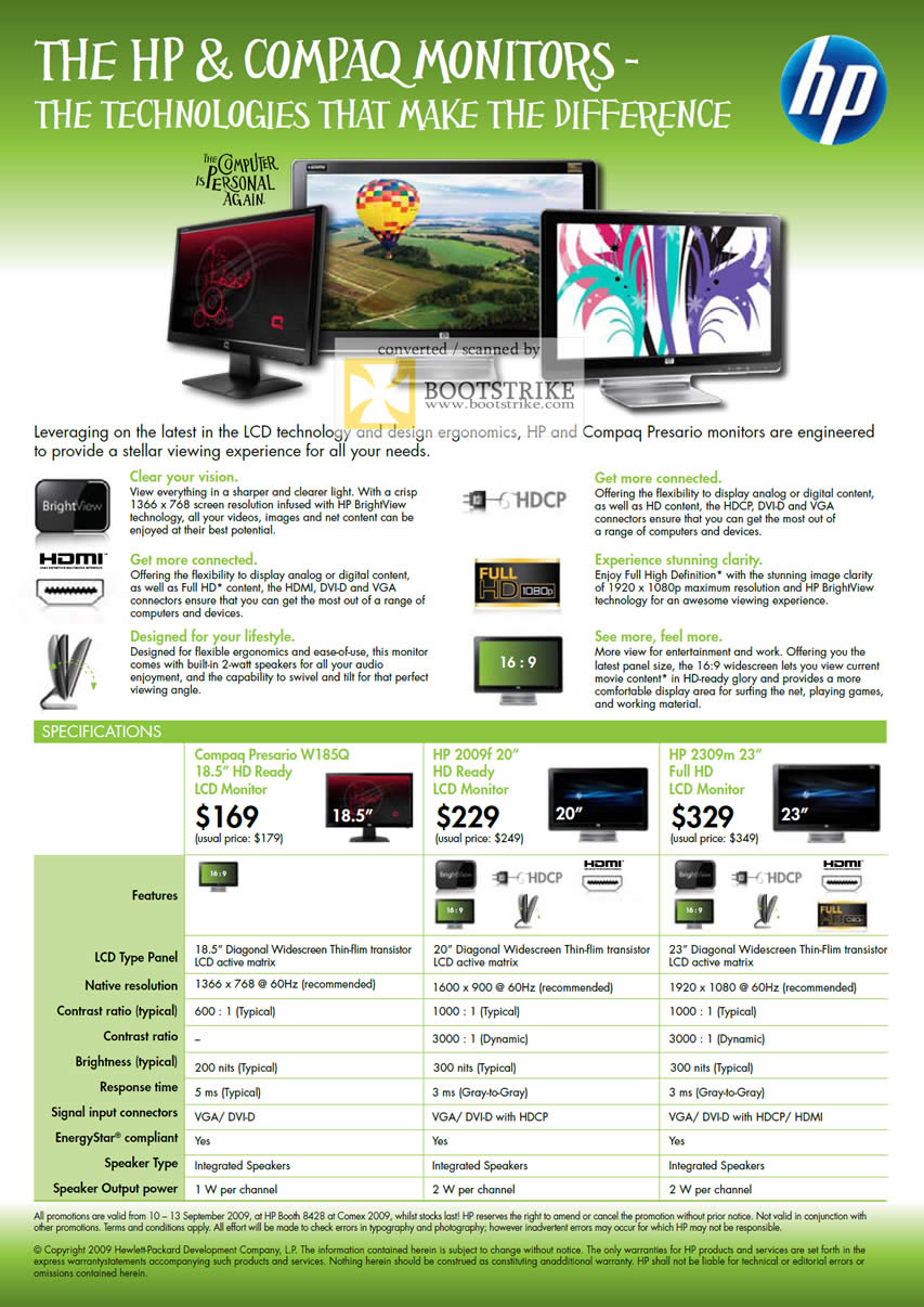 Comex 2009 price list image brochure of HP Compaq Presario LCD Monitors W185Q 2009f 2309m