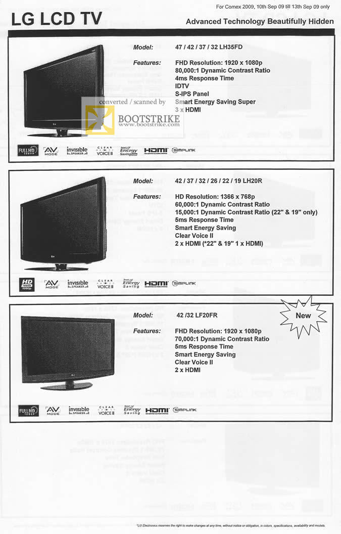 Comex 2009 price list image brochure of LG LCD TV LH35FD LG20R LF20FR