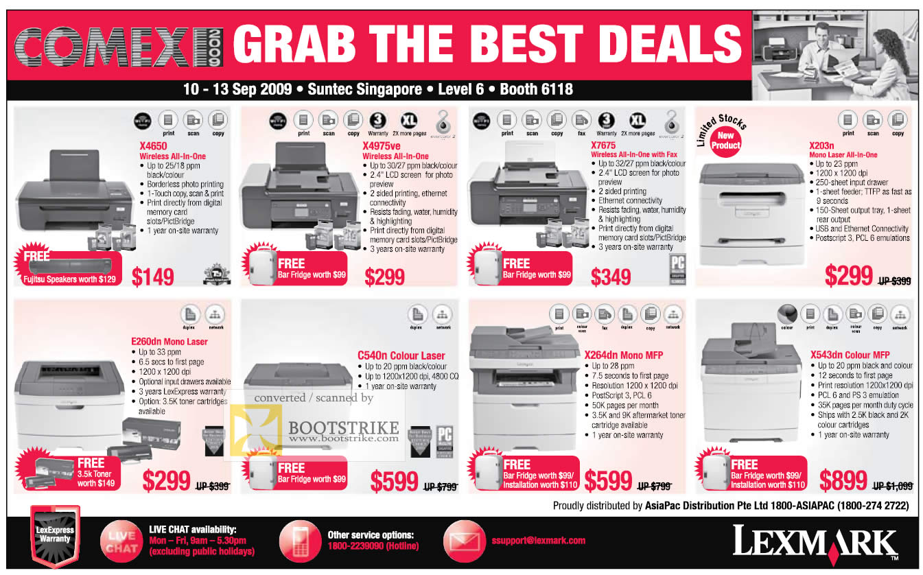 Comex 2009 price list image brochure of Lexmark Printers Inkjet Laser Colour Mono Wireless All-In-One