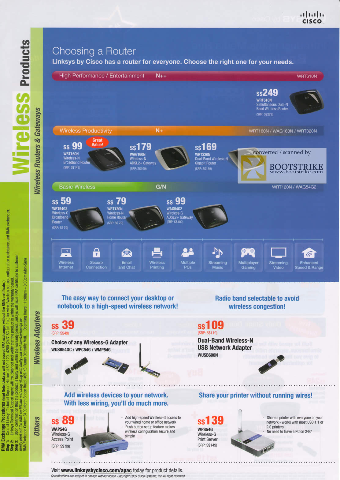 Comex 2009 price list image brochure of Linksys Cisco Wireless Router Dual Band ADSL2 USB Adaptor