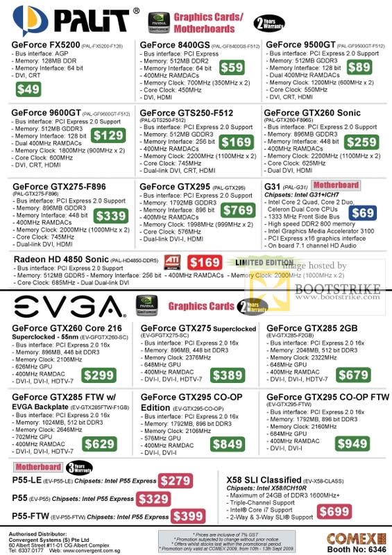 Comex 2009 price list image brochure of Palit Graphic Cards Motherboards Geforce EVGA P55 X58