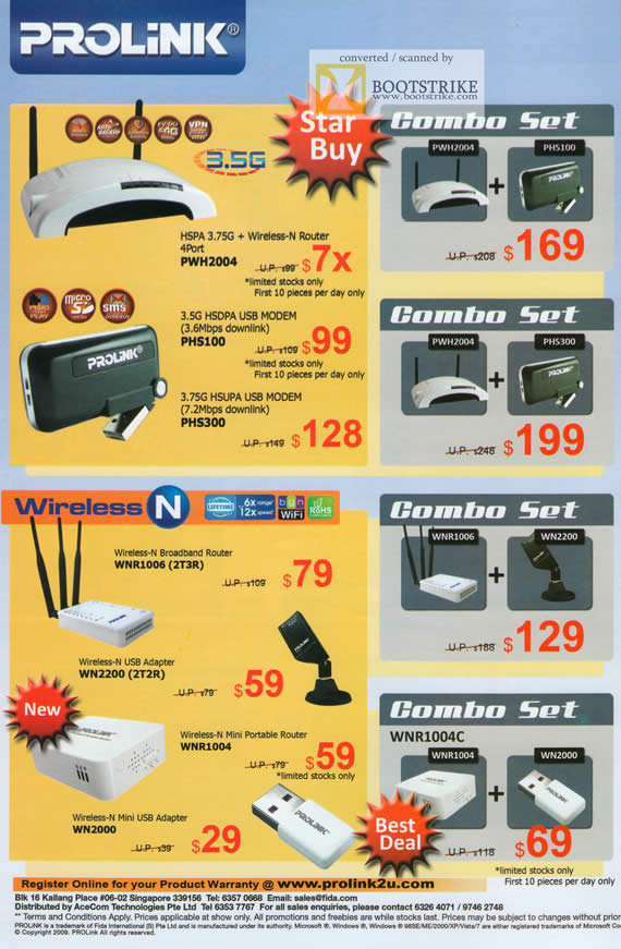 Comex 2009 price list image brochure of Prolink 35G Wireless N Router HSDPA USB Modem Adaptor