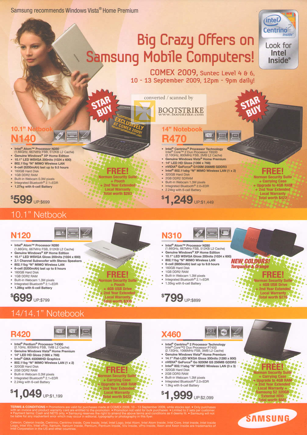 Comex 2009 price list image brochure of Samsung Mobile Computers Netbook Notebooks N140 R470 N120 N310 R420 X460