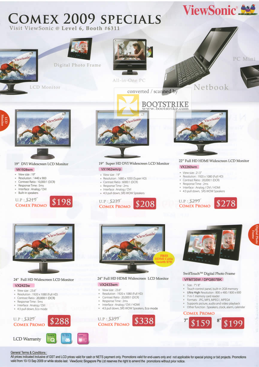 Comex 2009 price list image brochure of Viewsonic LCD Monitors HDMI DVI Digital Photo Frame SwifTouch