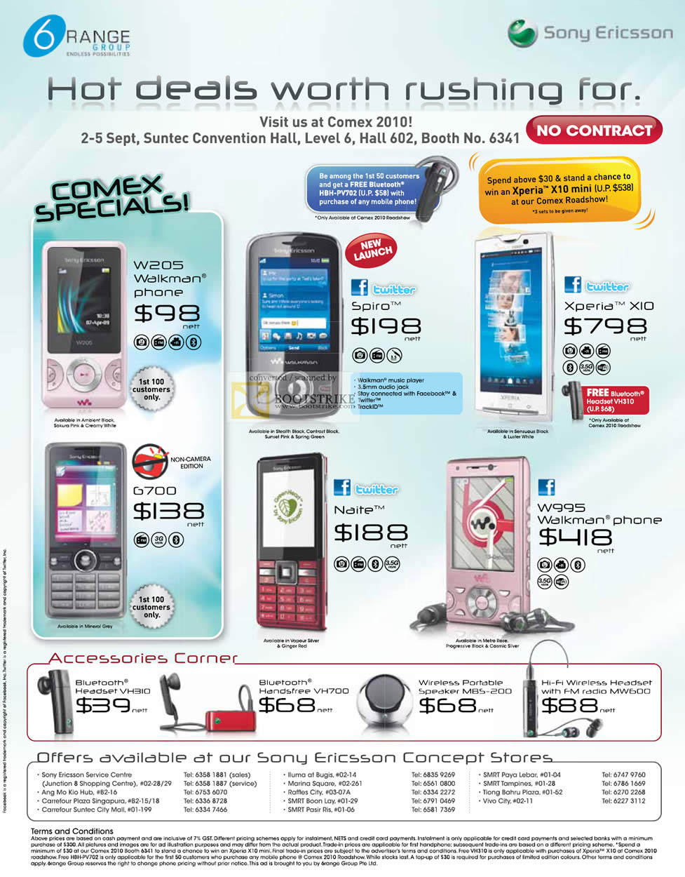 Comex 2010 price list image brochure of 6Range Sony Ericsson Spiro W205 Walkman Xperia X10 G700 Naite W995 Bluetooth Headset VH310 VH700 MBS 200 MW600