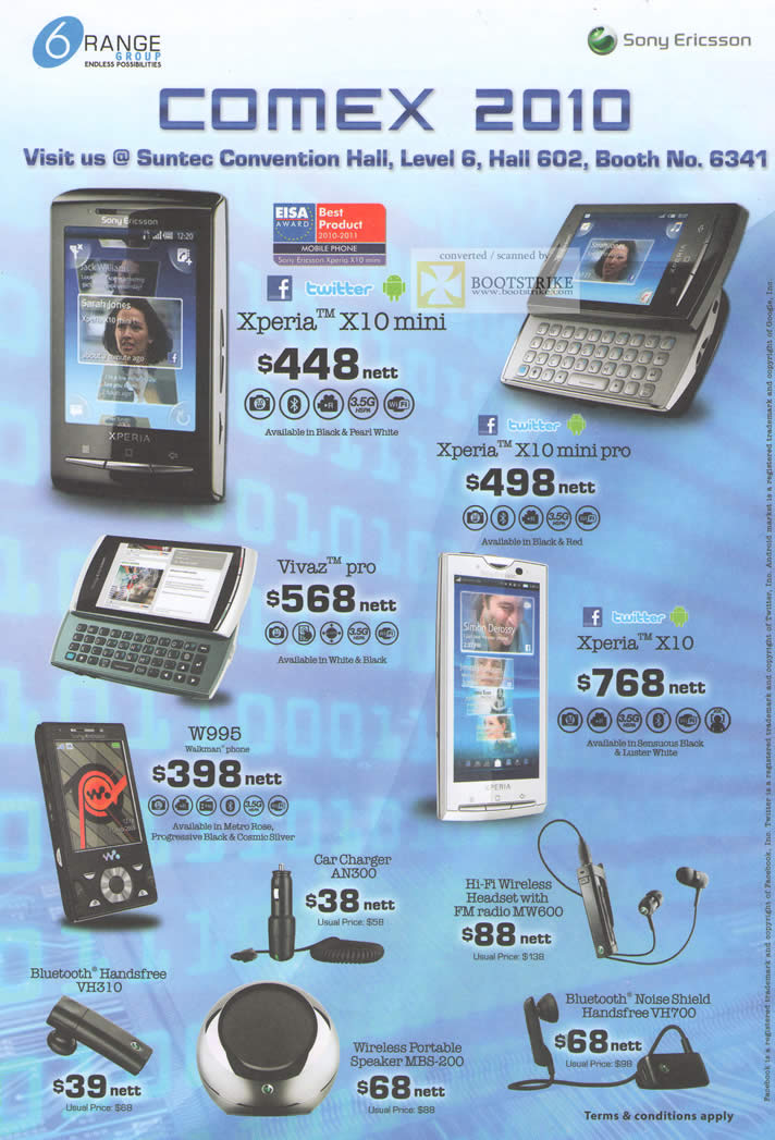 حلقة صلبة جانب ماكينة تسجيل المدفوعات النقدية  6Range Sony Ericsson Xperia X10 Mini Pro Vivaz Pro W995 Car Charger  Wireless Headset Bluetooth Speaker Noise Shield COMEX 2010 Price List  Brochure Flyer Image