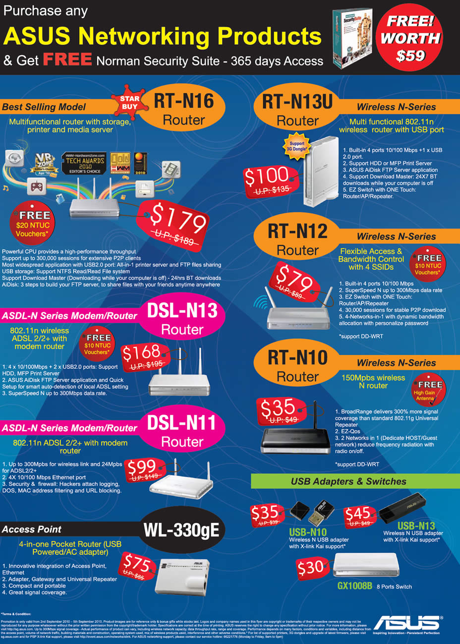 Comex 2010 price list image brochure of ASUS Networking Router RT N16 N13U N12 N10 ADSL Modem DSL N13 N11 WL 330gE USB Switches
