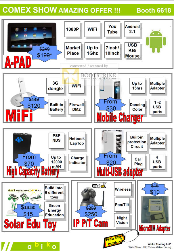 Comex 2010 price list image brochure of Abiko A PAD MiFi Mobile Charger Battery Multi USB Adapter Solar Edu Toy IPCam MicroSIM Adapter