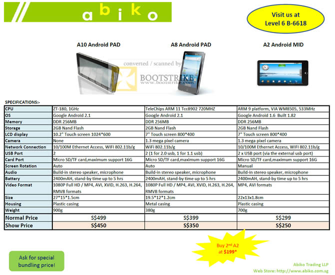 Comex 2010 price list image brochure of Abiko Google Android PAD A10 A8 A2