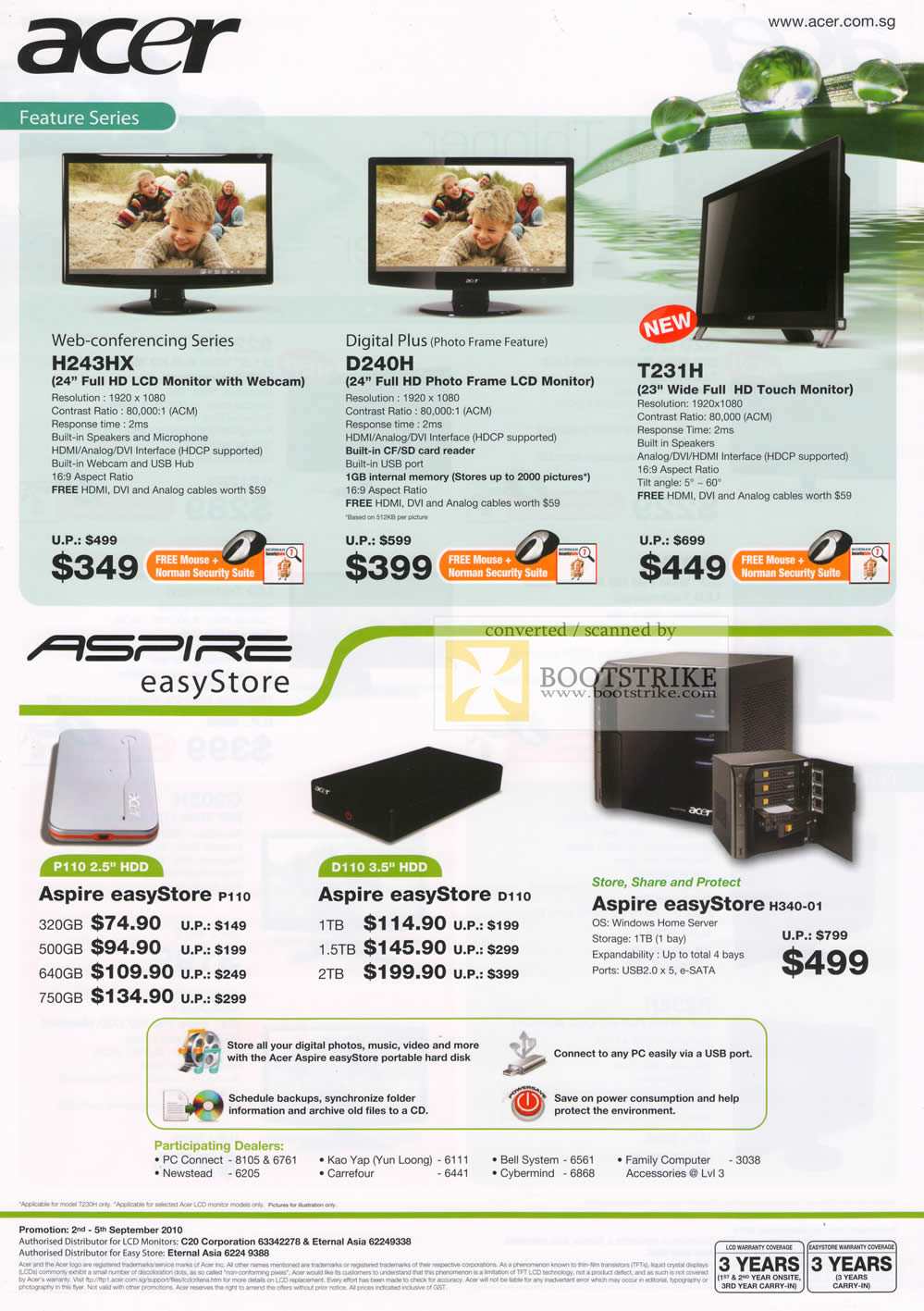 Comex 2010 price list image brochure of Acer LCD Monitors Webcam H243HX D240H Digital Photo Frame T231H Touch External Storage Aspire EasyStore H340 D110 P110