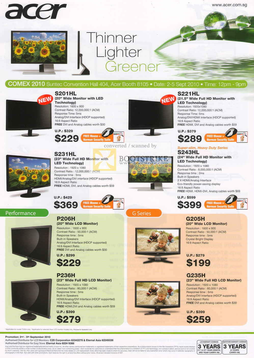 Comex 2010 price list image brochure of Acer LED Monitors S201HL S221HL S231HL S243HL LCD P206H G205H P236H G235H