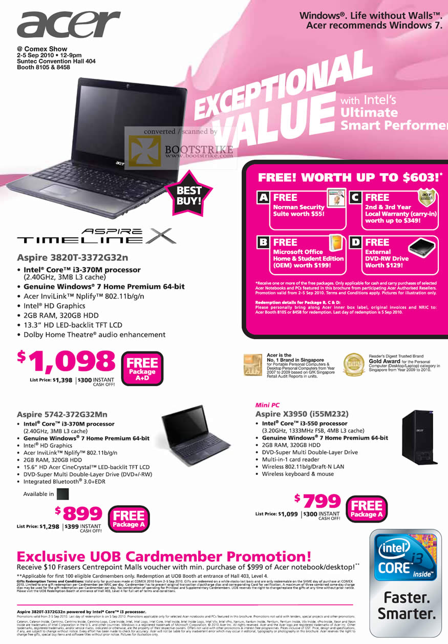 Comex 2010 price list image brochure of Acer Notebooks Aspire Timeline X 3820T 5742 Desktop PC X3950 Mini