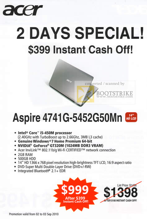 Comex 2010 price list image brochure of Acer Two Days Special 399 Instant Cash Off Aspire 4741G 5452G50Mn Notebook