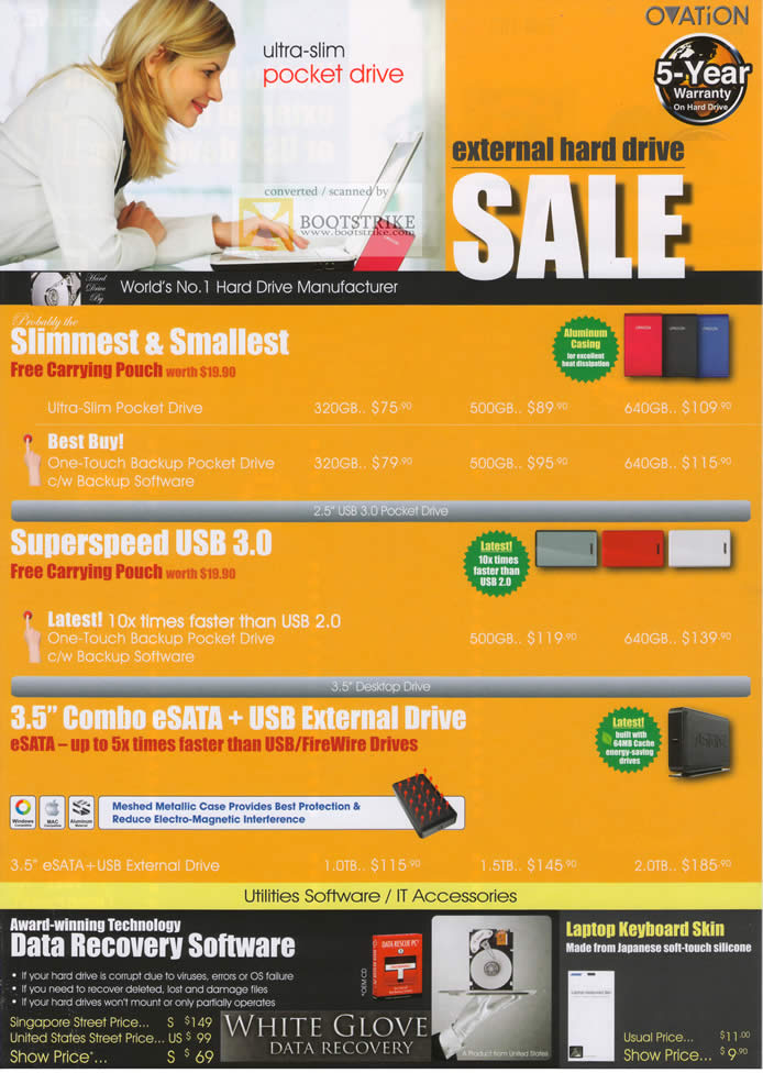 Comex 2010 price list image brochure of Achieva Ovation External Storage Slim Pocket Drive USB 3 Superspeed ESata White Glove Data Recovery Laptop Skin