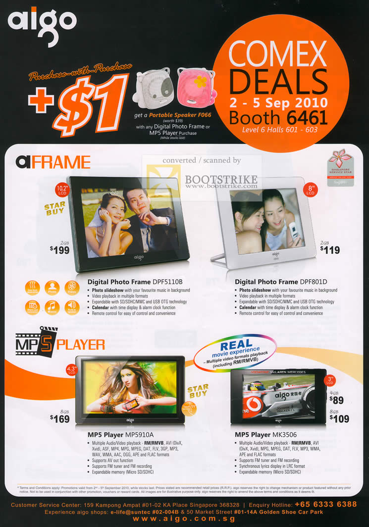 Comex 2010 price list image brochure of Aigo Digital Photo Frame AFrame DPF5110B DPF801D MP5 Player MP5910A MK3506