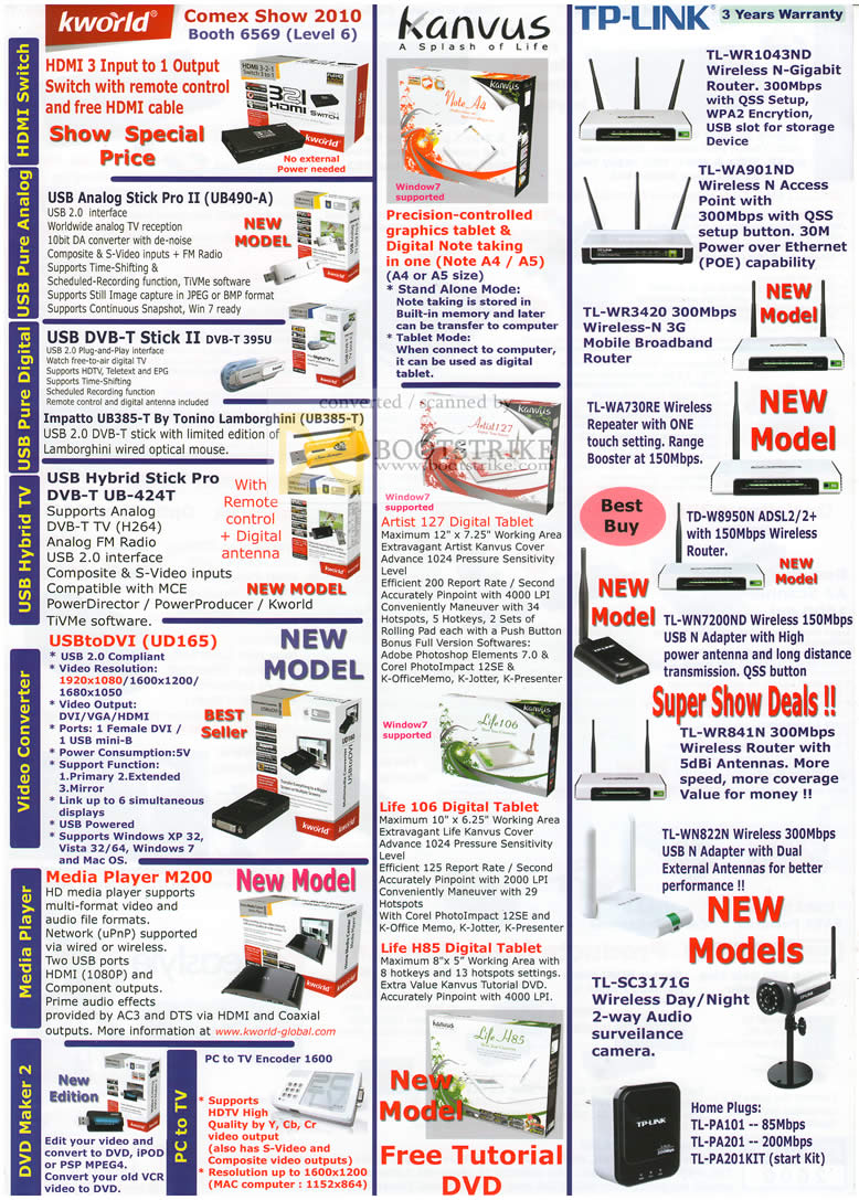 Comex 2010 price list image brochure of Asia Radio KWorld Kanvus TP Link USB Analog Stick Pro II DVB Hybrid Graphics Tablet Digital Note Media Player Camera