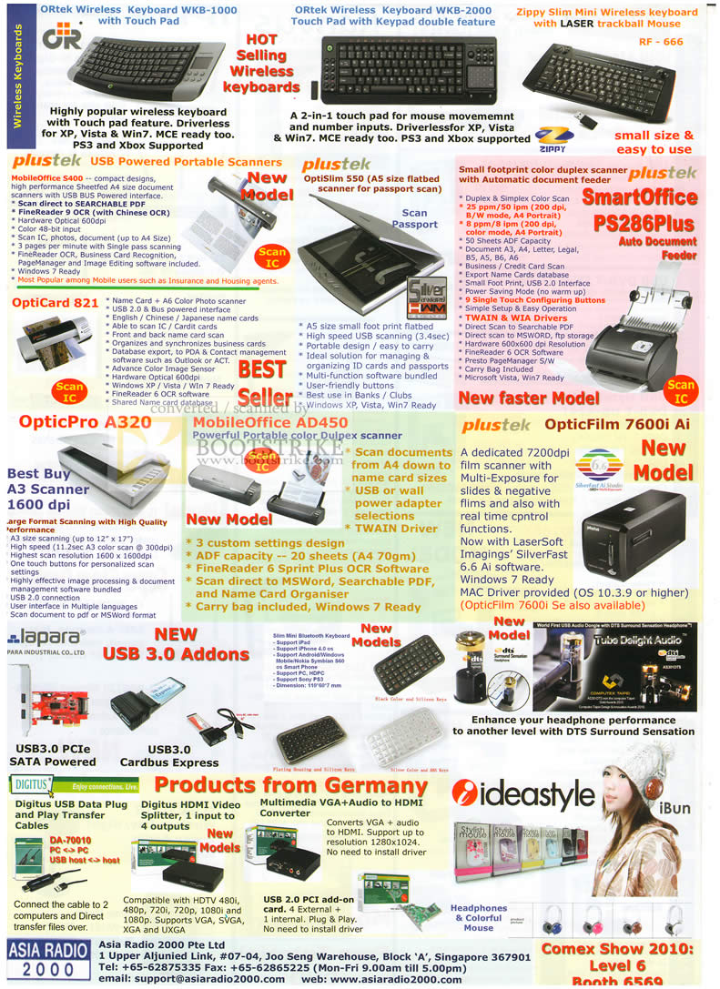 Comex 2010 price list image brochure of Asia World Keyboards Plustek USB Scanner OptiSlim OptiCard PS286Plus OpticFilm AD450 OpticPro Ideastyle Lapara
