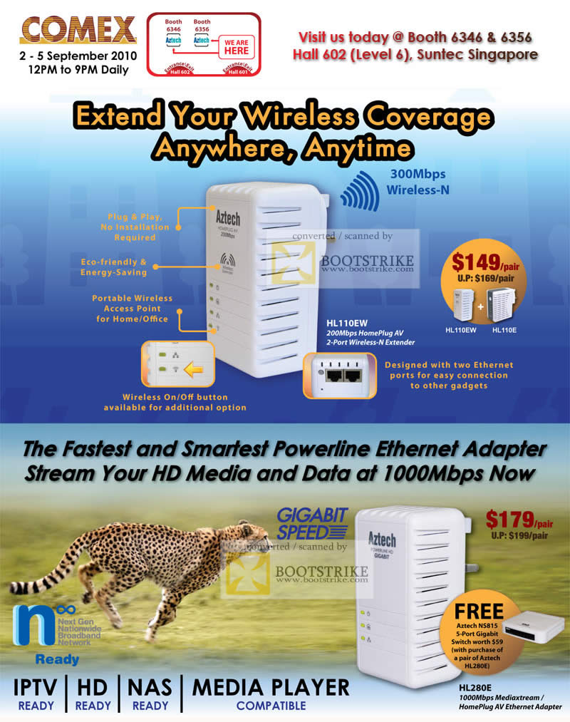 Comex 2010 price list image brochure of Aztech HL110EW Powerline Ethernet Adapter Gigabit HL280E Mediaxtream Homeplug