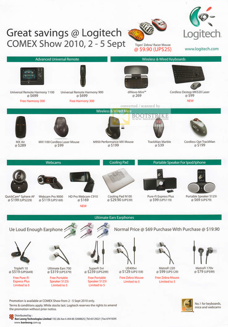 Comex 2010 price list image brochure of Ban Leong Logitech Universal Remote Keyboard Wireless Mouse Webcam Cooling Pad Speaker Ultimate Ears TripleFi SuperFi MetroFi