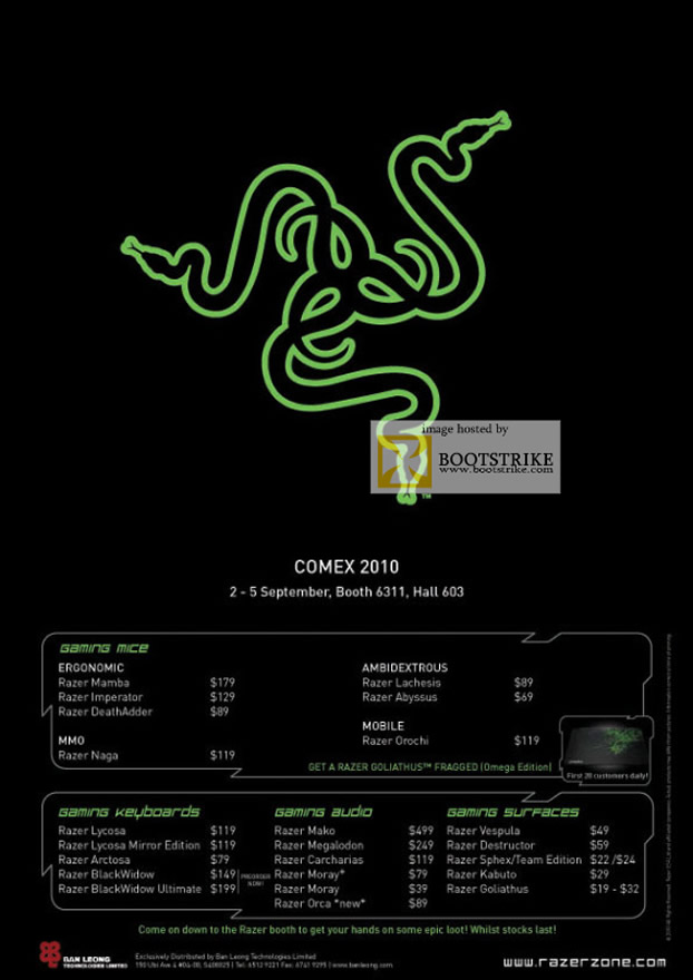 Comex 2010 price list image brochure of Ban Leong Razer Mamba Imperator DeathAdder Naga Gaming Mouse Keyboard Speakers Mousepad Mako Destructor Lycosa BlackWidow