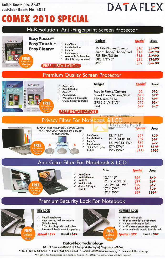 Comex 2010 price list image brochure of Belkin Dataflex Screen Protector Premium Privacy Filter Anti Glare Notebook LCD Premium Security Key Number Lock