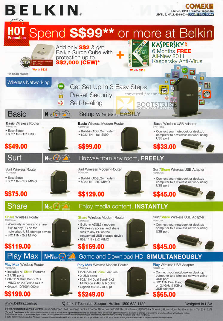 Comex 2010 price list image brochure of Belkin Wireless Router Modem USB Adapter Surf Share Play Max