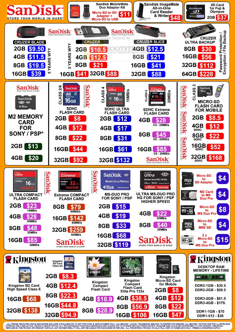 Comex 2010 price list image brochure of Bizgram Memory SanDisk SDHC Ultra Extreme M2 Cruzer Blade Slice Compact MS DUO Kingston DDR3 DDR2 DDR1