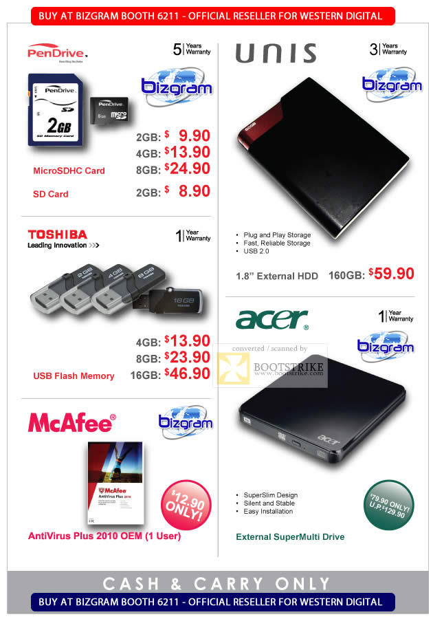 Comex 2010 price list image brochure of Bizgram USB Flash PenDrive Unis Toshiba Acer DVD SuperMulti McAfee Antivirus