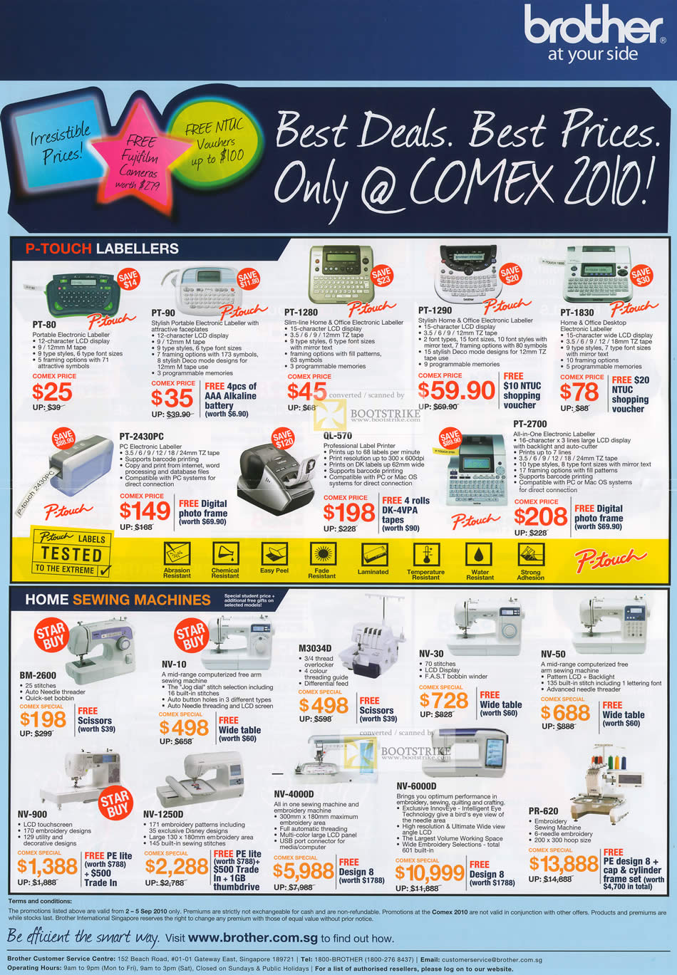 Comex 2010 price list image brochure of Brother P Touch Labellers PT 80 90 1280 1290 1830 Home Sewing Machines BM NV 10 NV 6000D PR 620