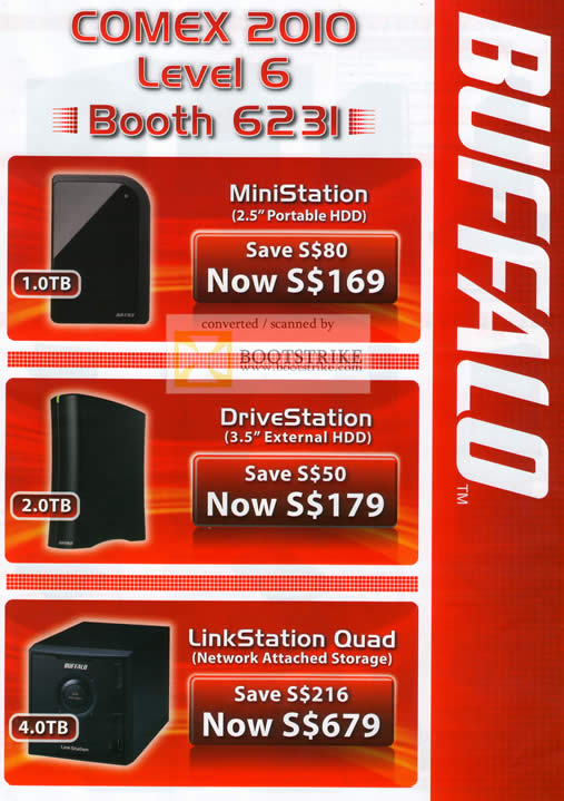 Comex 2010 price list image brochure of Buffalo External Storage MiniStation DriveStation LinkStation Quad NAS Network Attached Storage