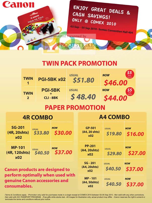 Comex 2010 price list image brochure of Canon Ink Cartridges Twin Pack 4R A4 Combo Photo Paper
