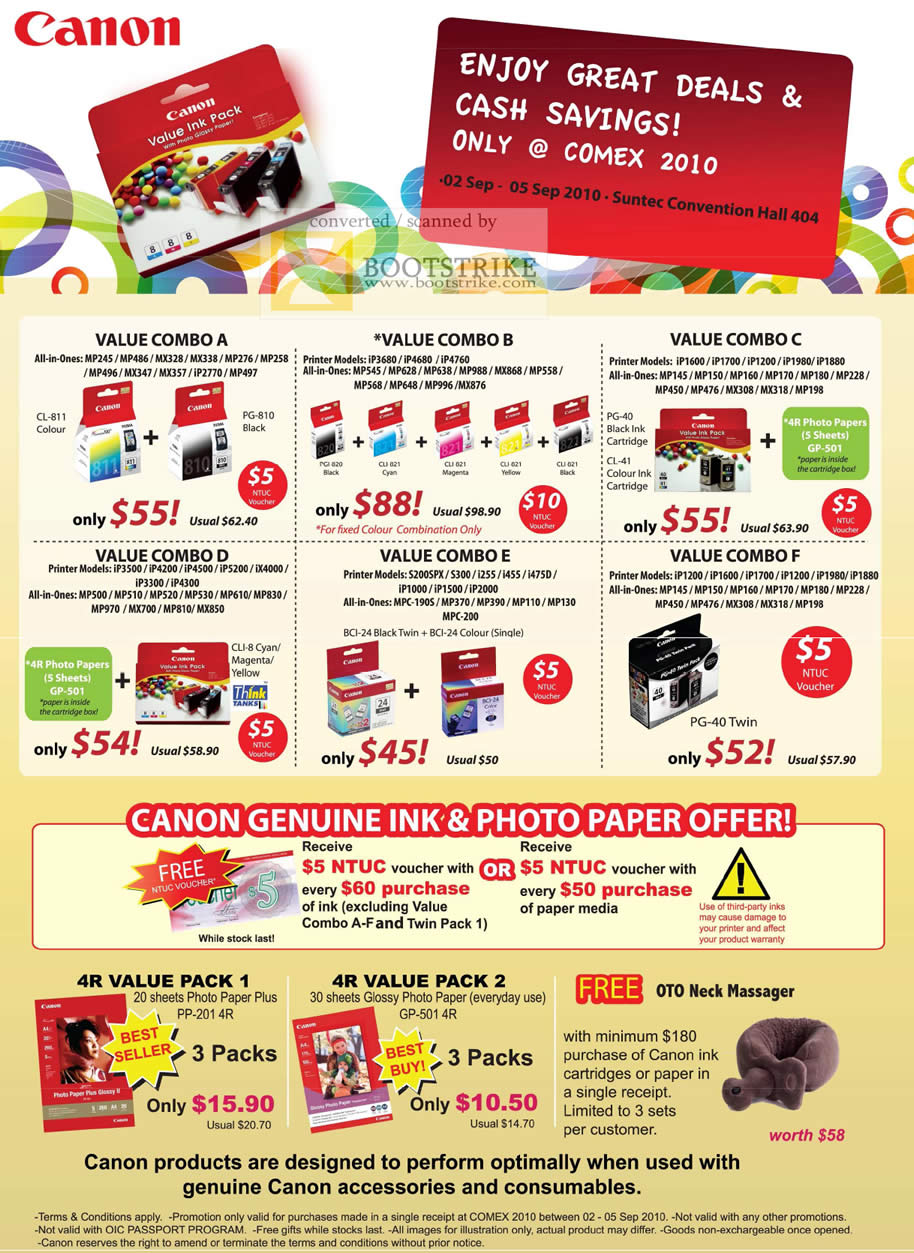 Comex 2010 price list image brochure of Canon Ink Cartridges Value Combos Photo Paper Glossy