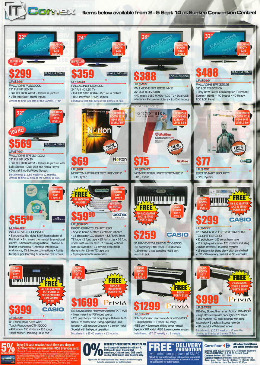 Comex 2010 price list image brochure of Carrefour LED TV Palladine LCD Norton Internet Security Mcafee Eset INeuro Brother P Touch Piano Scaled Hammer