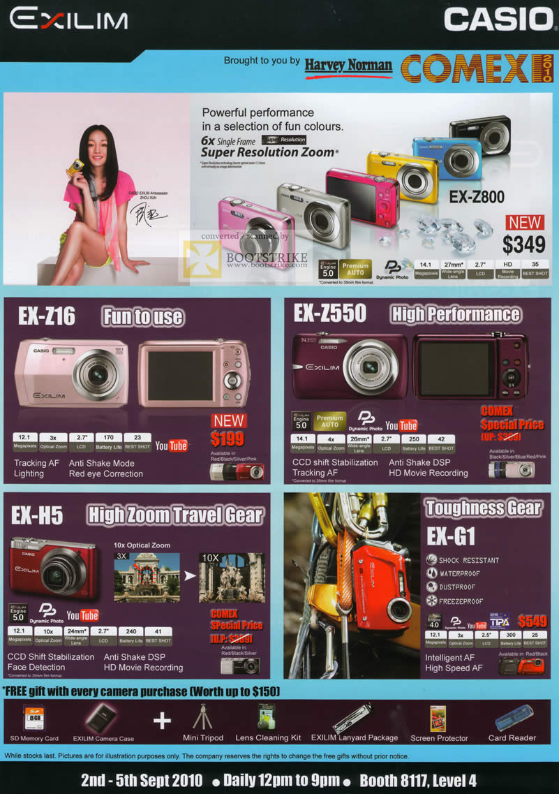 Comex 2010 price list image brochure of Casio Digital Cameras EX Z16 Z550 Z800 H5 G1