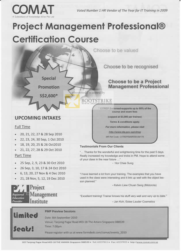 Comex 2010 price list image brochure of Comat Project Management Professional Certification Course