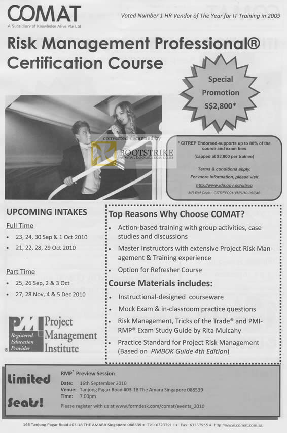 Comex 2010 price list image brochure of Comat Risk Management Professional Certification Course